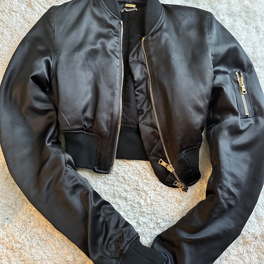 ARE YOU AM I Black Satin Bomber Jacket